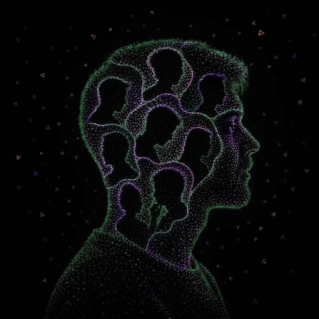 Ilustración de un perfil humano formado por siluetas y trazos de colores sobre fondo negro